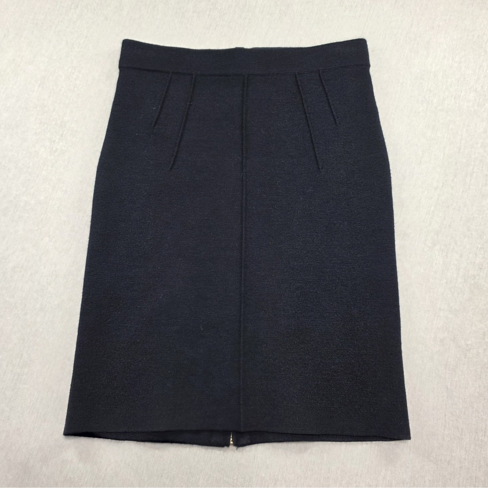 Reiss Navy Blue Wool Blend Knit Pencil Skirt Statement Zip Luxury Office Chic